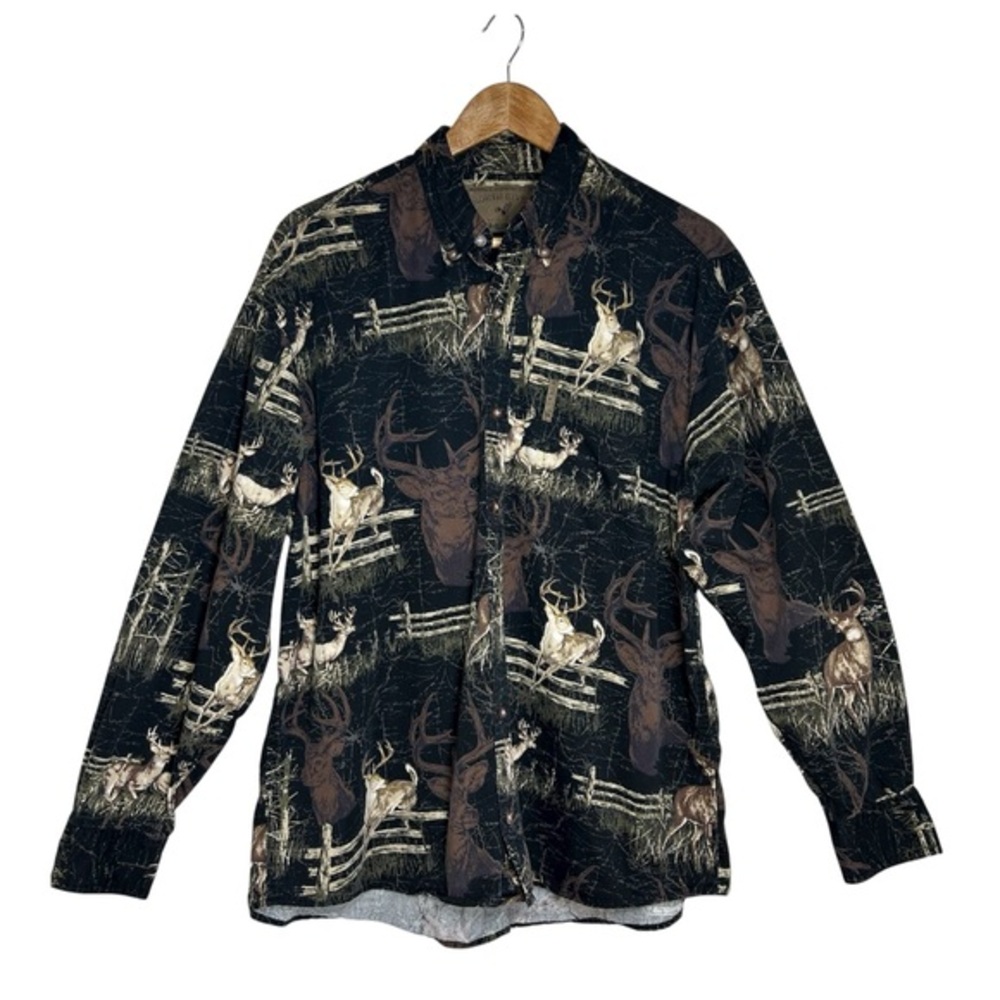 NORTH RIVER VTG Cotton Deer‎ Buck Nature Print Long Sleeve Button Down Shirt M